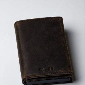 Dark Brown color Crazy Horse Genuine Leather, Side Slider Mechanism, Back Zipper Slot, Magnetic Strip Closure Tri-fold Wallet
