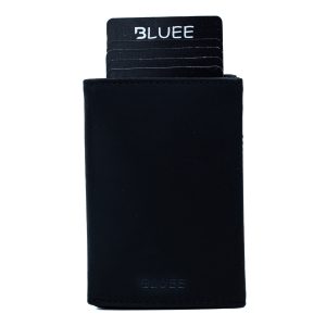 Black color Crazy Horse Genuine Leather, Side Slider Mechanism, Back Zipper Slot, Magnetic Strip Closure Tri-fold Wallet